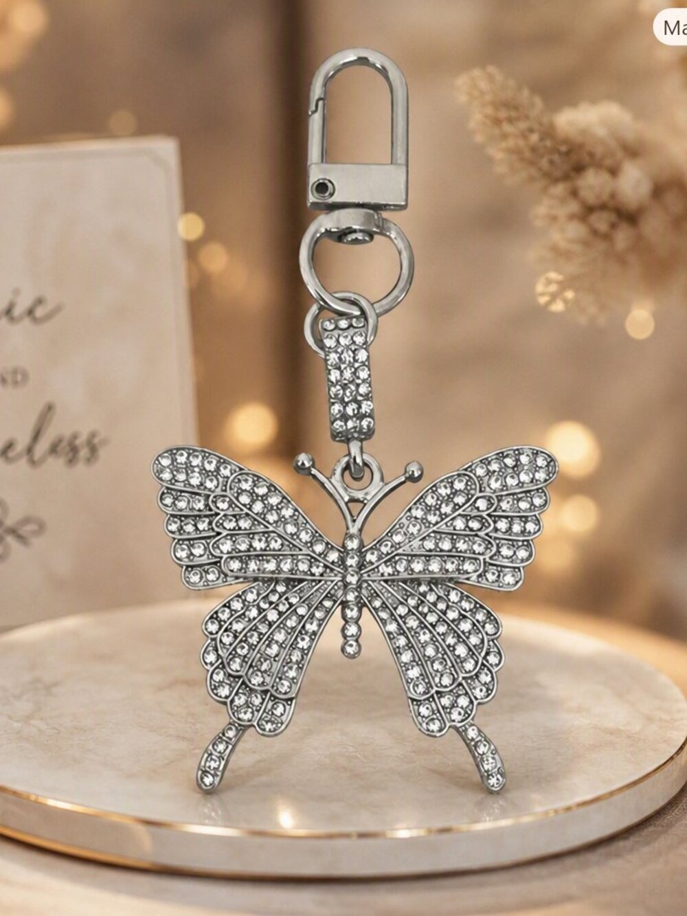 Butterfly Silver & Crystal Bag Charm/Keychain NWOT